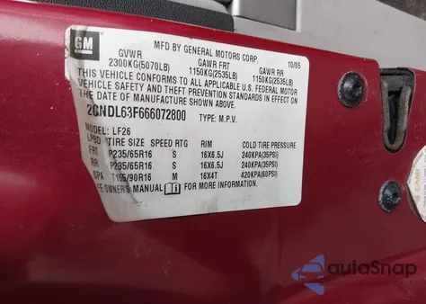 2006 Chevrolet Equinox Lt z USA, uszkodzony, nr VIN 2CNDL63F666072800